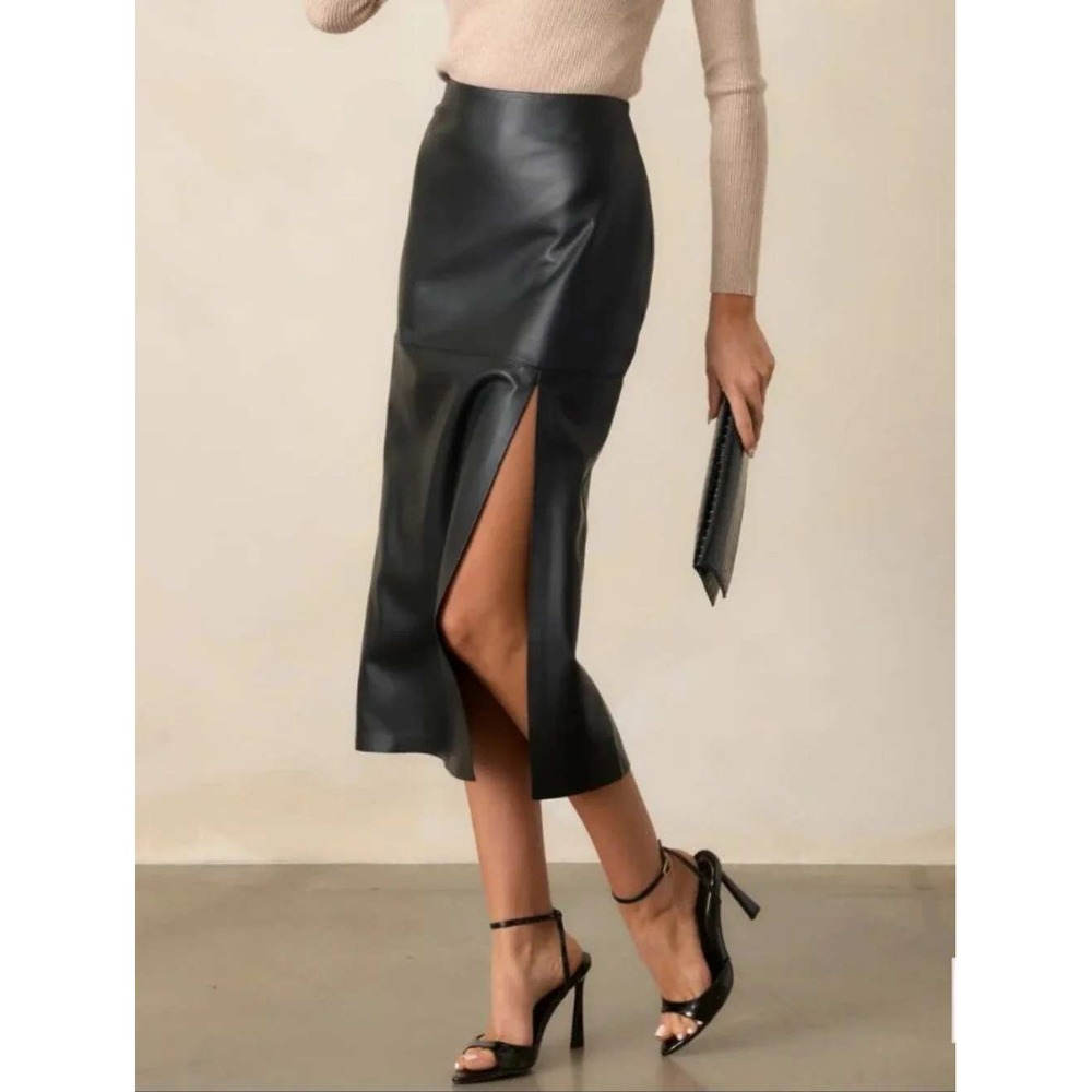Z Supply Faux Leather Midi Skirt Women Size M Black Slit High Waist ZK244481E